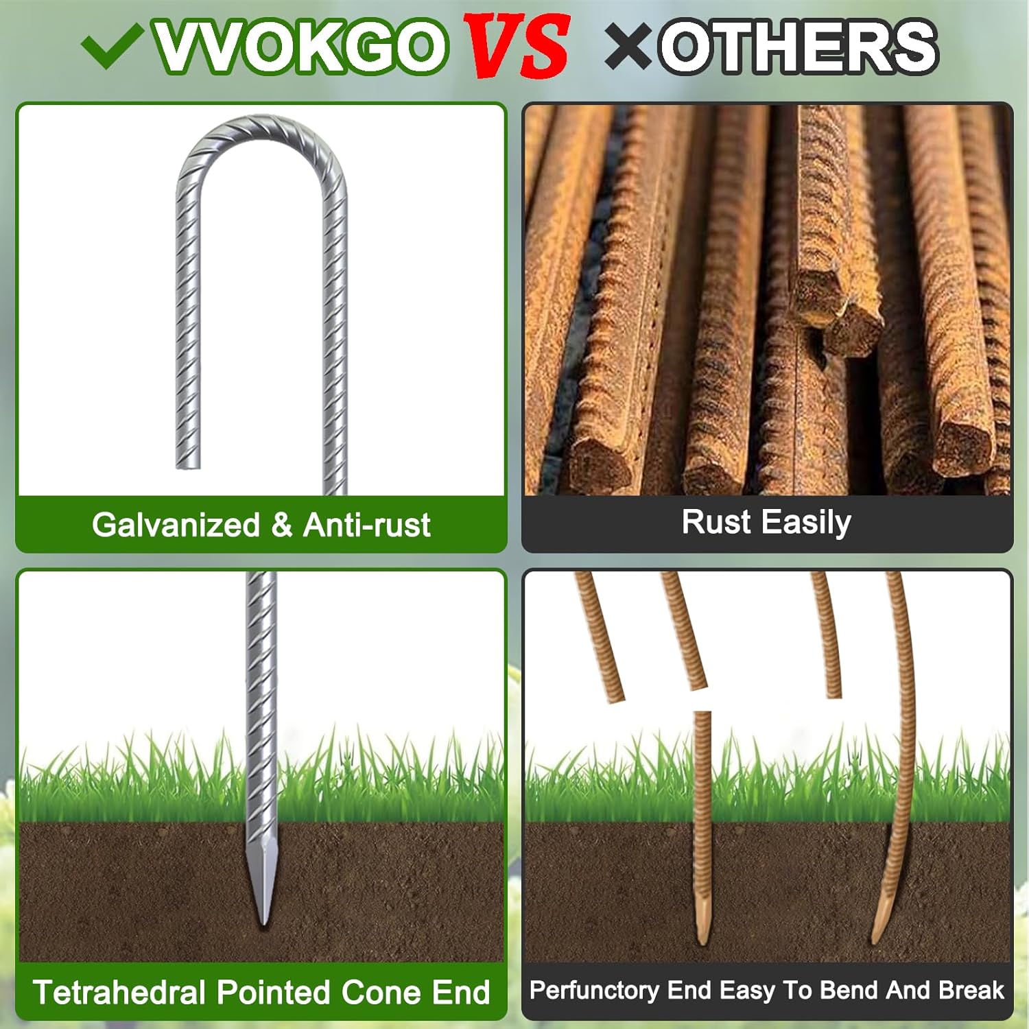 VVOKGO Rebar-Stakes-12-Inch J Hook Galvanized Tent Stakes Heavy Duty, Ground Chain Link Fence Anchors with Chisel Point End for Gazebo, Camping Tents, Outdoor Inflatables Decorations