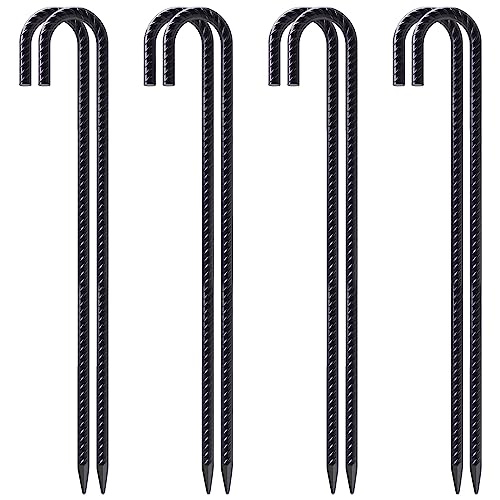 VVOKGO Rebar Stakes 24 Inch J Hook Heavy Duty Ground Anchors, 3/8 Inch Diameter Metal Steel Extra Long Fence Stakes with Chisel Point End for Greenhouse, Gazebo, Carport, Camping Tents, Black