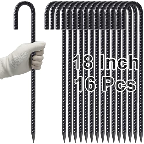VVOKGO Rebar Stakes 18 Inch J Hook Heavy Duty Ground Anchors, 3/8" Diameter Metal Steel Extra Long Fence Stakes with Chisel Point End for Greenhouse, Gazebo, Carport, Camping Tents, Black