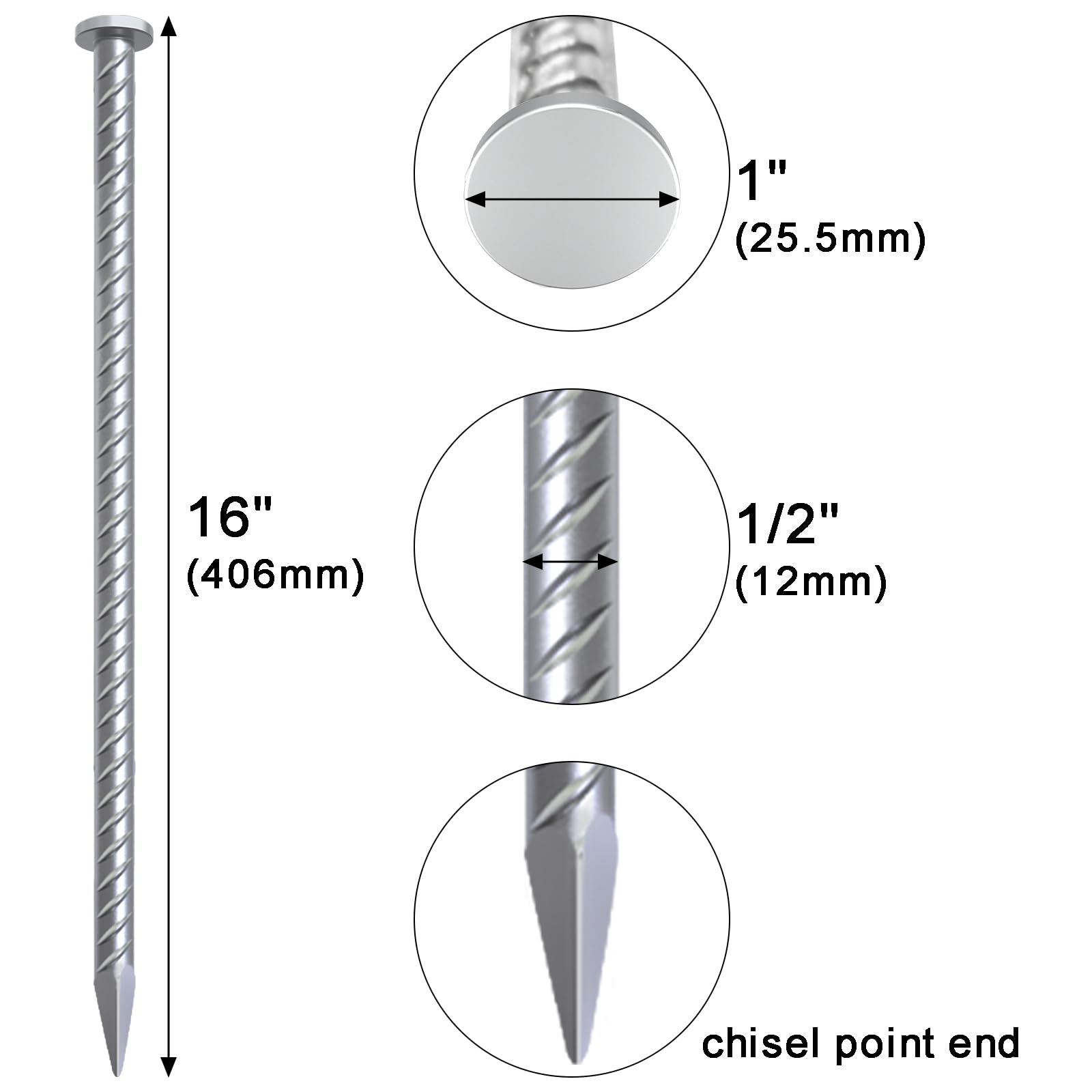  16 Inch Asphalt Anchoring Spikes - 1/2" Heavy Duty Galvanized Steel Rebar Stakes