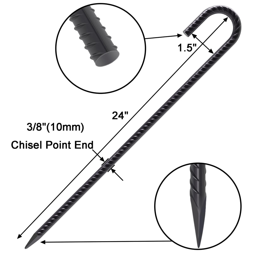 VVOKGO Rebar Stakes 24 Inch J Hook Heavy Duty Ground Anchors, 3/8 Inch Diameter Metal Steel Extra Long Fence Stakes with Chisel Point End for Greenhouse, Gazebo, Carport, Camping Tents, Black