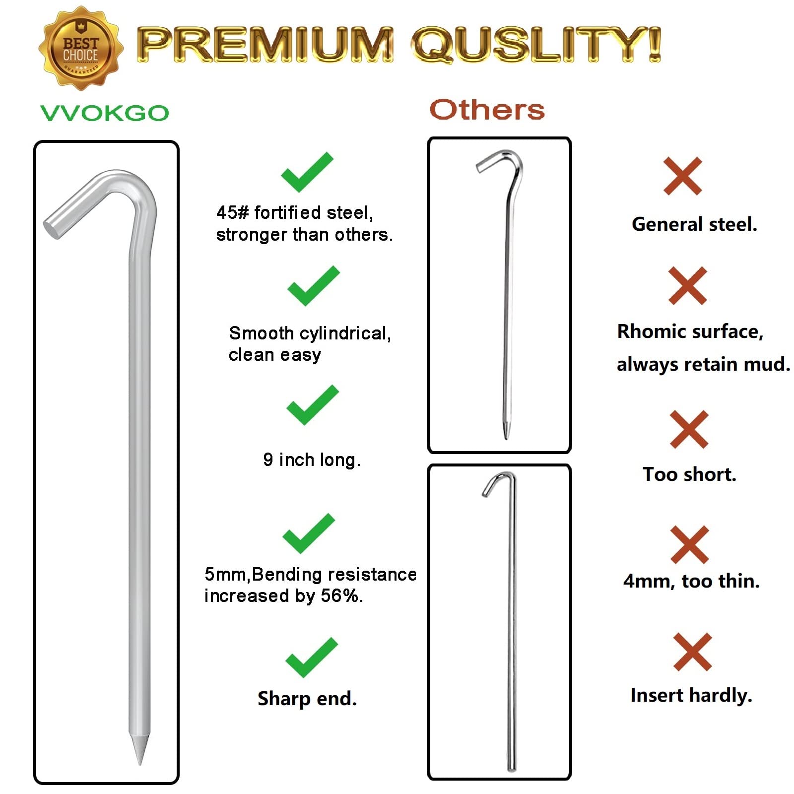 VVOKGO 9 Inches 8 Pack Heavy Duty Tent Stakes, Metal Ground Stakes for Camping, Garden or Inflatable, Galvanized Steel Pegs for Yard and Outdoor Decorations