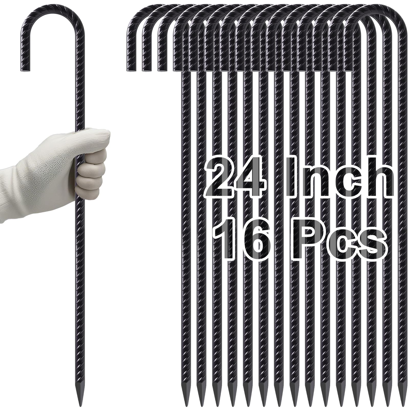 VVOKGO Rebar Stakes 24 Inch J Hook Heavy Duty Ground Anchors, 3/8 Inch Diameter Metal Steel Extra Long Fence Stakes with Chisel Point End for Greenhouse, Gazebo, Carport, Camping Tents, Black