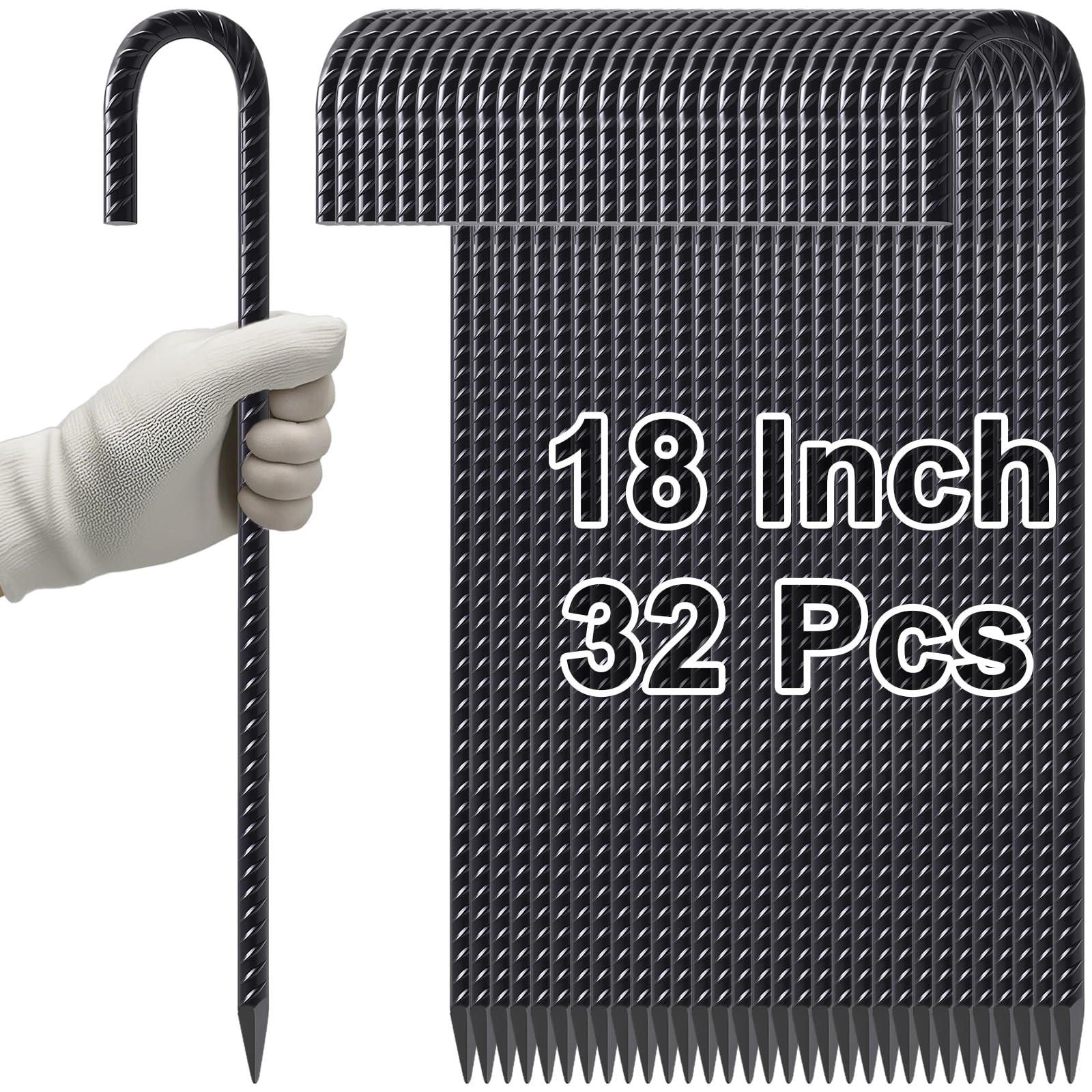 VVOKGO Rebar Stakes 18 Inch J Hook Heavy Duty Ground Anchors, 3/8" Diameter Metal Steel Extra Long Fence Stakes with Chisel Point End for Greenhouse, Gazebo, Carport, Camping Tents, Black