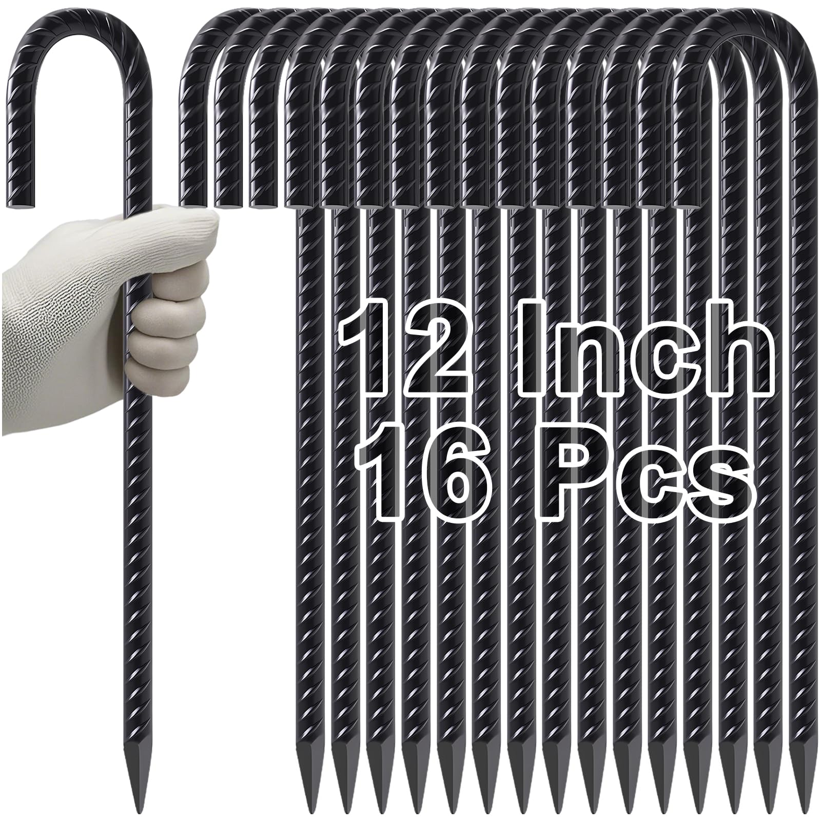VVOKGO Rebar Stakes 12 Inches J Hook Heavy Duty Chain Link Fence Stakes,  Metal Long Tent Spikes Ground Anchors for Wire Fencing, Dogs Digging, Camping Tents, Swings, Greenhouse, Black